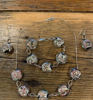 Vintage Art Glass Foil Black Pink Bead Art Deco Bracelet,  Necklace & Earrings
