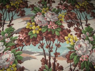 Vintage Barkcloth Curtain Panel 80 " X 44 " Floral,  Mountain,  Sky Print