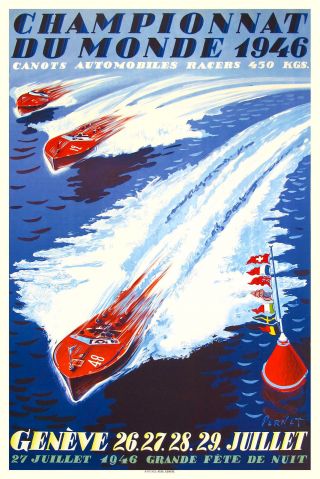 Vintage 1940s Power Boat Racing Poster Lake Geneva Switzerland 1946 Art Deco