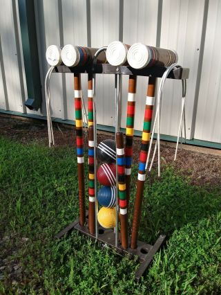 Vintage Forster 4 Player Colorful Wood Croquet Set (incomplete) With Cart/stand