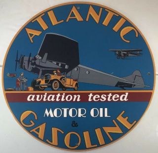 Vtg Atlantic Motor Oil & Gasoline Porcelain Pump Plate Sign 12 " Ref Xxx
