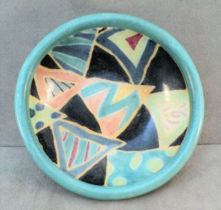 Vtg MODERNIST Studio ART Pottery Ceramic BOWL by TS POST Colorful Geometry 7.  5 