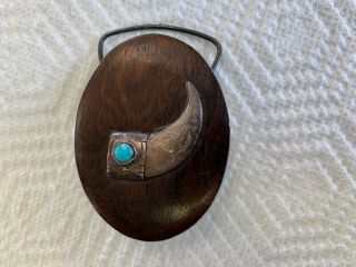 Vintage Native American Faux Bear Claw Wood Turquoise & Sterling Belt Buckle