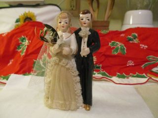 Vintage 1940 ' s Bride & Groom Cake Topper Blonde Girl & Man w/Cloth Area 2