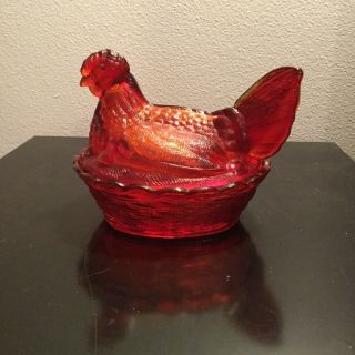 Vintage Amber Carnival Glass Candy/butter Dish Chicken/hen On Basket/nest