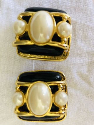 Vintage 1980’s Caged Faux Pearl Earrings Large Clip On Black Gold Pearl
