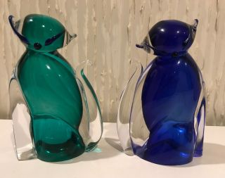 2 Vintage Murano Sommerso Glass Cat Sculptures Cobalt Blue,  Green Barbini Seguso