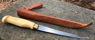 Vintage Marttiini Finland Hunting Fishing Skinning Knife Leather Sheath 6” Blade