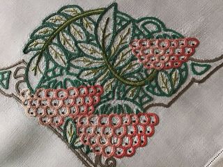Gorgeous Vintage Irish Linen Hand Embroidered Tablecloth Red Pomegranates