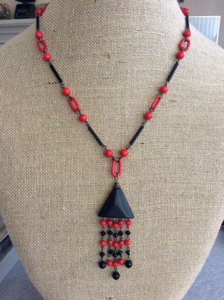 Vintage Art Deco Style Red And Black Glass Bead Necklace With Pendant Unusual