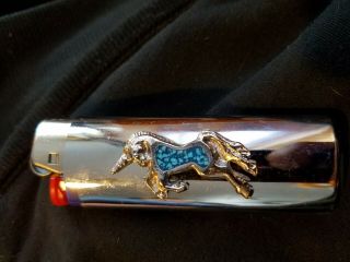 Vtg Unicorn Turquoise Old Western Cover Case Bic Cigarette Lighter Holder Sleeve