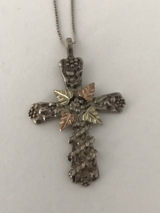 Vintage Mixed Metals Sterling Silver & Black Hills Gold Cross Necklace Pendant