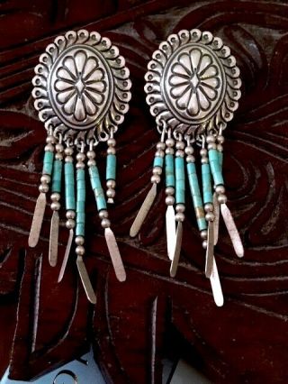 Vintage Navajo 925 Sterling Silver Turquoise Concha 2.  5 " Dangle Post Earrings