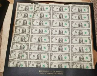 Rare Vintage 1981 32 One Dollar Bills $1 Uncut Sheet Washington Dc Uncirculated