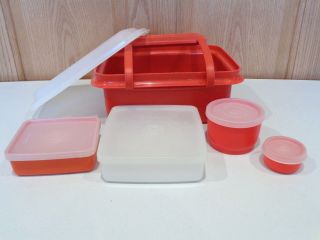 Tupperware Vintage Lunch Box Container,  1/2 Gallon W/4 Small Containers & Handle