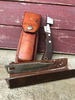 Vintage Kershaw By Kai Trader Knife With Set Of 3 Blades In Leather Sheath