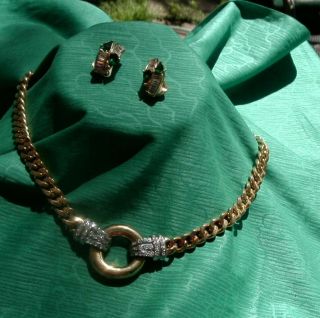 Vintage Park Lane Necklace Gold Tone with Rhinestone / Gold Tone Earrings 2