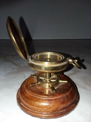 Vintage Brass Compass Pocket Watch Case W/ Push Button Latch On Ship Wheel Stand