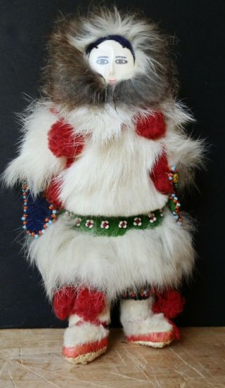 Inupiat Tribe,  Inuit Eskimo Handmade Vtg Doll,  Leather,  Fur/ Beads Barrow,  Ak