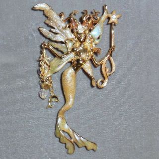 Kirks Folly Sea Fairy Mermaid Gold Tone Signed Vintage Pin Wand Magic Enameled