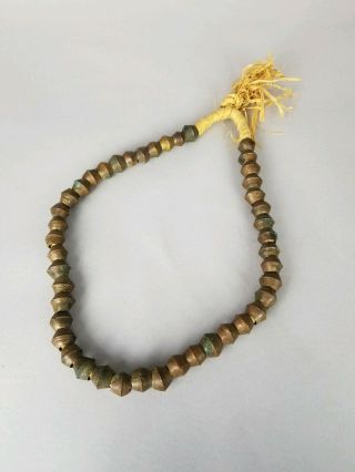 Vintage Handmade Artisan Large Brass Copper Beaded Long Necklace In Straw Cord
