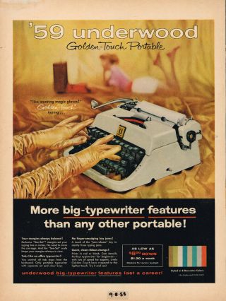 1958 Underwood Portable Typewriter Vintage Laminated Ad Art