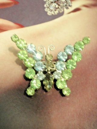Vintage D&e Blue,  Green And Grey Rhinestone Butterfly Pin