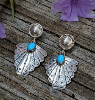 Vintage Navajo Sterling Silver Sleeping beauty Dangle Post Earrings Hand Stamped 2