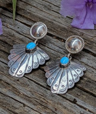 Vintage Navajo Sterling Silver Sleeping beauty Dangle Post Earrings Hand Stamped 3