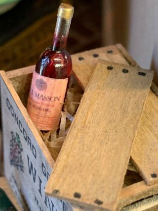Vintage Miniature Dollhouse Artisan Wood Wine Crate Diorama Glass Bottle Wine