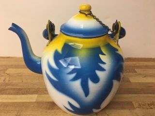 Vintage Emo Celje Enamel Teapot/tea Kettle Yugoslavia Blue/yellow/white Size 14