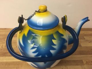 Vintage Emo Celje Enamel Teapot/Tea Kettle Yugoslavia Blue/Yellow/White Size 14 2