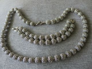 Vintage Monet Silver Tone Filigree Bead Necklace And Matching Bracelet