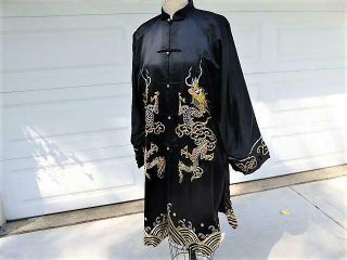 Vintage Chinese Black Silk Gold & Silver Embroidered Dragon Robe