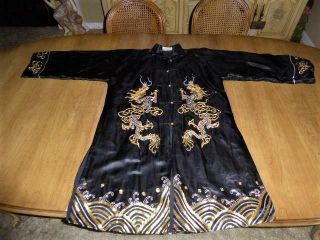 VINTAGE CHINESE BLACK SILK GOLD & SILVER EMBROIDERED DRAGON ROBE 2