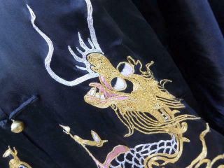 VINTAGE CHINESE BLACK SILK GOLD & SILVER EMBROIDERED DRAGON ROBE 4