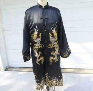 VINTAGE CHINESE BLACK SILK GOLD & SILVER EMBROIDERED DRAGON ROBE 5