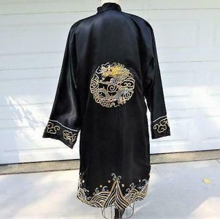 VINTAGE CHINESE BLACK SILK GOLD & SILVER EMBROIDERED DRAGON ROBE 7