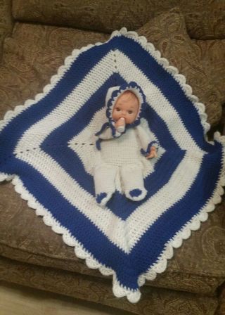 Vintage Blue Crochet Baby Doll Throw 35 " × 35 "