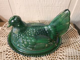 Vintage Westmoreland Nested Hen Green Carnival Glass Large Candy Dish Nr
