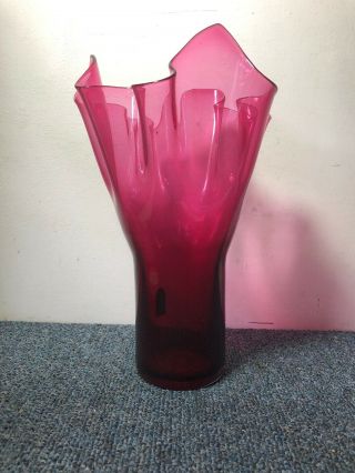 Pilgrim Cranberry Glass Vase Ruffled 11” Tall Vintage Pink No Chips No Cracks