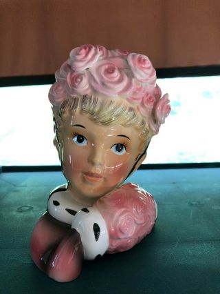 Vintage Enesco Lady Head Vase/wall Pocket W/pink Roses & Muff