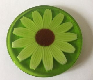 Vintage Retro Lime Green Lucite Resin Trivet With Yellow Daisy Inside Kitchen