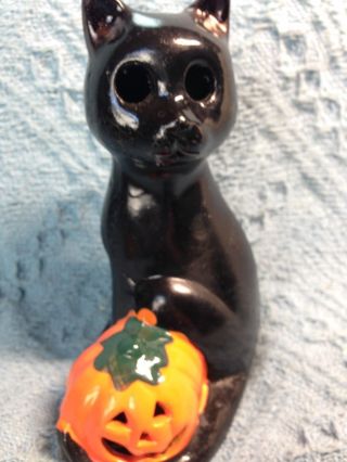 Vintage Halloween Black Cat With Pumpkin Candle Holder