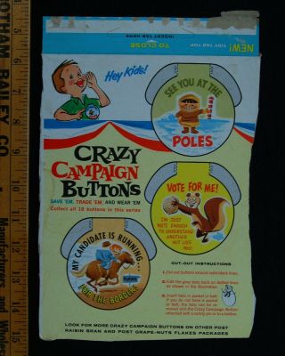 [ 1960s Post Grape Nuts Flakes Vintage Cereal Box - Crazy Campaign Buttons ]