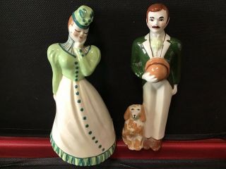 Vintage Ceramic Art Studio Figurines Victorian Lady & Gent With Dog And Derby