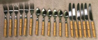 Vintage 18pc Faux Bamboo Handle Stainless Flatware Set Retro Tiki Cutlery