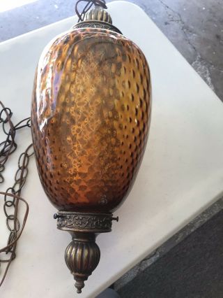 Vintage Mcm Amber Glass Hanging Swag Lamp Light.  Globe Plug In