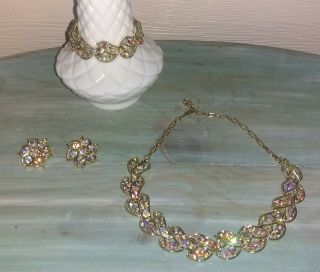 Vintage Aurora Borealis Rhinestone Necklace,  Bracelet,  & Clip - On Earrings Set