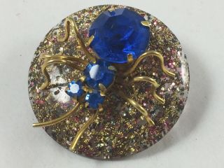 Vintage Blue Rhinestone Jelly Belly Confetti Glitter Lucite Spider Brooch Pin